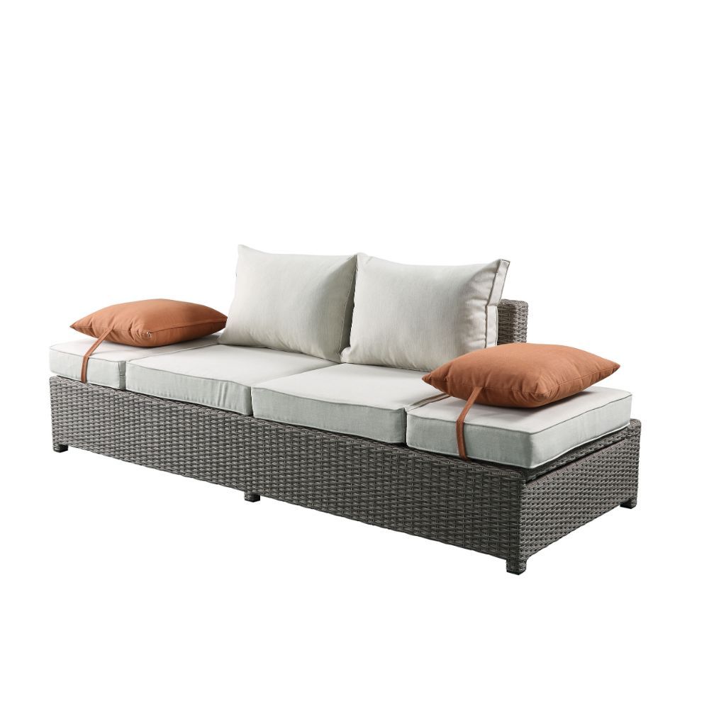 Modern classic styling paired with glamorous elements creates a unique addition to outdoor area in the Salena Collection. Beige fabric features subtle texture with a gray wicker outer body cloth providing visual interest. It comes with accent pillows and 