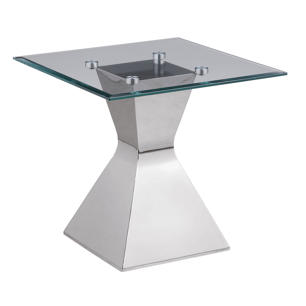 Introduce stylish allure with this modern end table, showcasing an hourglass-inspired base in a polished silver finish. Constructed with stainless steel and tempered glass, it features a square top with a beveled edge, adding dimension and refinement. The