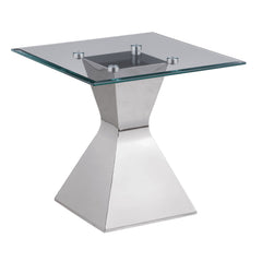 Introduce stylish allure with this modern end table, showcasing an hourglass-inspired base in a polished silver finish. Constructed with stainless steel and tempered glass, it features a square top with a beveled edge, adding dimension and refinement. The