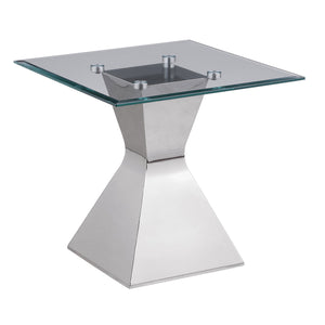 Introduce stylish allure with this modern end table, showcasing an hourglass-inspired base in a polished silver finish. Constructed with stainless steel and tempered glass, it features a square top with a beveled edge, adding dimension and refinement. The