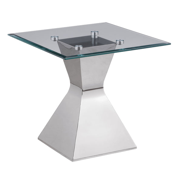 Introduce stylish allure with this modern end table, showcasing an hourglass-inspired base in a polished silver finish. Constructed with stainless steel and tempered glass, it features a square top with a beveled edge, adding dimension and refinement. The