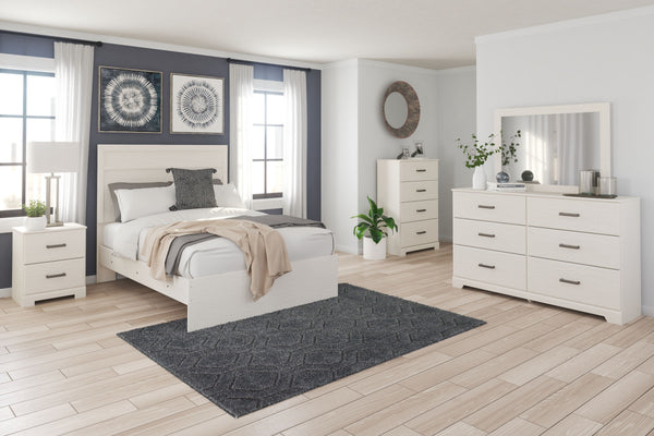 White finish with subtle replicated woodgrain. Large dark pewter color handles with an aged appearance accent cases. Side roller glides for smooth operating drawers. Mouldings across headboard give a thick planked look. Twin (53) and full (55) headboards 