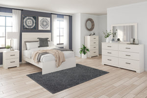 White finish with subtle replicated woodgrain. Large dark pewter color handles with an aged appearance accent cases. Side roller glides for smooth operating drawers. Mouldings across headboard give a thick planked look. Twin (53) and full (55) headboards 