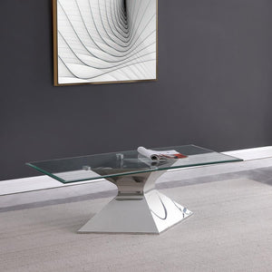 featuring a polished silver hourglass-inspired pedestal base. Constructed with stainless steel and tempered glass
