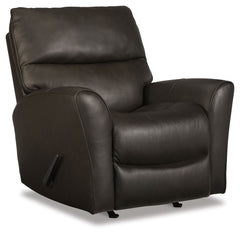 Smartly crafted with a combination of leather and faux leather upholstery, this rocker recliner personifies accessible luxury. Its handsome deep neutral hue appeals to your contemporary sensibilities. Subtly sloping arms frame the otherwise clean-lined st