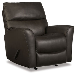Smartly crafted with a combination of leather and faux leather upholstery, this rocker recliner personifies accessible luxury. Its handsome deep neutral hue appeals to your contemporary sensibilities. Subtly sloping arms frame the otherwise clean-lined st