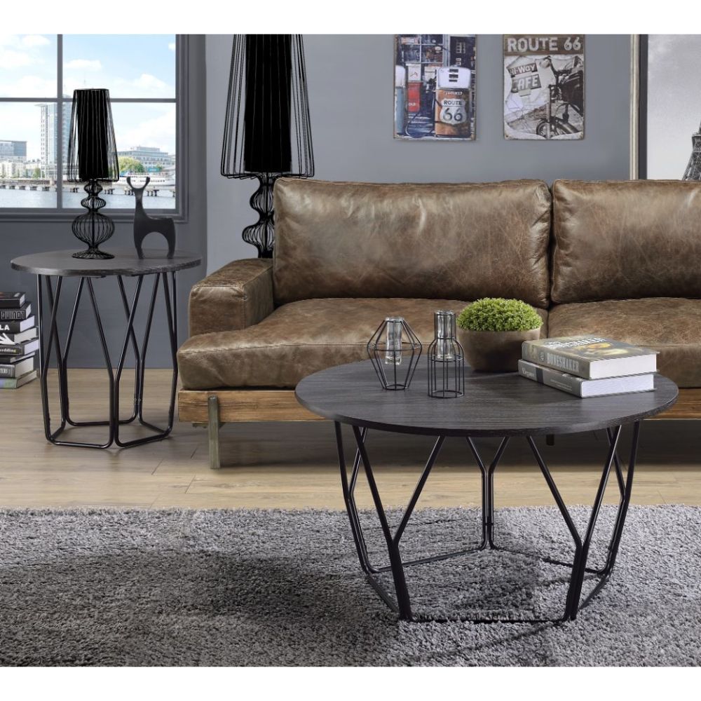 KD, Drum Coffee Table â€¢ NO Storage â€¢ Features: Wooden Top, Drum Shape, Metal Frame (Open Base) â€¢â€¢ CONSTRUCTION â€¢â€¢ TOP) Wooden Round Shape: Espresso Finish, Paper Veneer, PB, Top Size: 15mm Thick (NO Apron) â€¢ BASE) Metal Frame: Black Finish, 