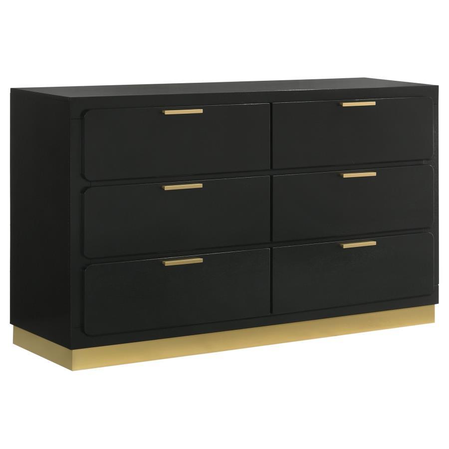 Modern luxury with a minimalist look offers a perfect fit for updated bedrooms as the six-drawer enhances a sleek master suite or guest bedroom. Wood and wood products construct a dresser with clean lines and a stylish Mid-Century Modern vibe. This dresse