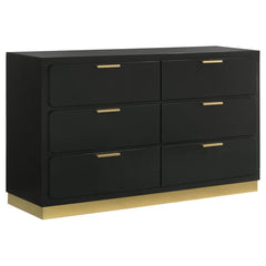 Modern luxury with a minimalist look offers a perfect fit for updated bedrooms as the six-drawer enhances a sleek master suite or guest bedroom. Wood and wood products construct a dresser with clean lines and a stylish Mid-Century Modern vibe. This dresse
