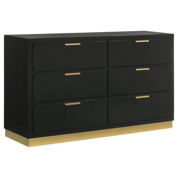Modern luxury with a minimalist look offers a perfect fit for updated bedrooms as the six-drawer enhances a sleek master suite or guest bedroom. Wood and wood products construct a dresser with clean lines and a stylish Mid-Century Modern vibe. This dresse