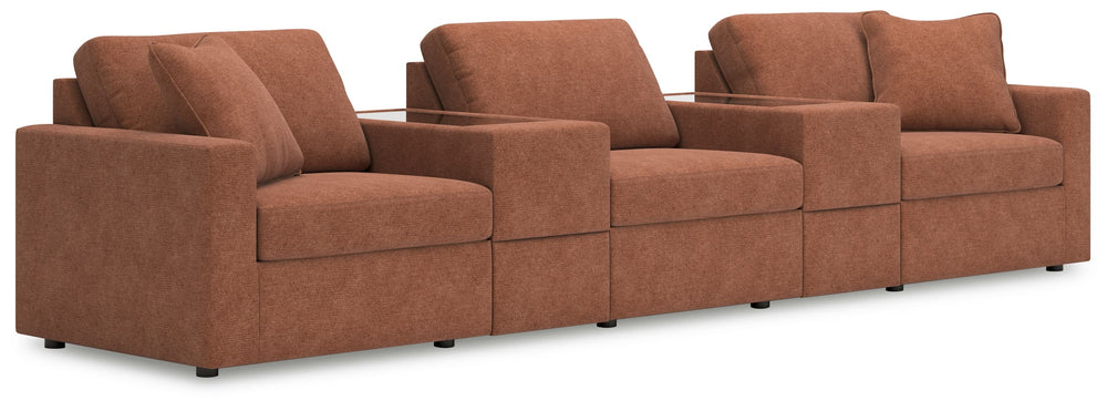 Looking cool and contemporary is great. But when it comes down to it, youâ€™re all about low-maintenance lounging. With the performance fabric on this sectional with console, cleaning spills is a breeze. Its customizable modular design caters to your ever