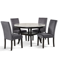 The Celeste 5-Piece Dining Set is an embodiment of contemporary elegance and quality craftsmanship. This set includes a sophisticated 48-inch round dining table with an espresso base and a faux marble top, paired with four stunning gray velvet chairs. Cra