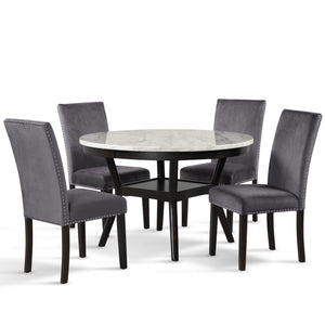 The Celeste 5-Piece Dining Set is an embodiment of contemporary elegance and quality craftsmanship. This set includes a sophisticated 48-inch round dining table with an espresso base and a faux marble top, paired with four stunning gray velvet chairs. Cra
