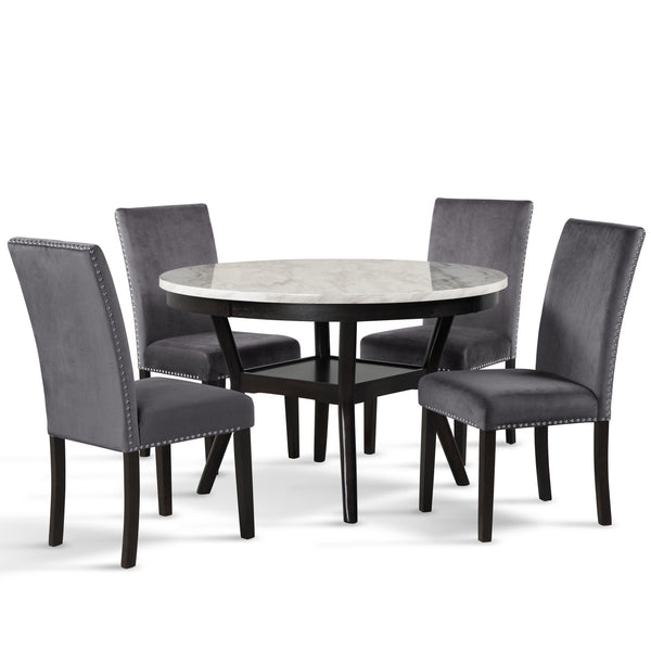 The Celeste 5-Piece Dining Set is an embodiment of contemporary elegance and quality craftsmanship. This set includes a sophisticated 48-inch round dining table with an espresso base and a faux marble top, paired with four stunning gray velvet chairs. Cra