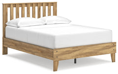 This full platform panel bed puts the dream of a casual bedroom retreat beautifully within budget. Its warm light brown finish over replicated hickory grain exudes a homey vibe. Slatted detailing on the headboard incorporates rich dimension. Itâ€™s a simp