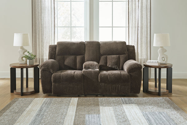  this extra-spacious reclining loveseat with console is a masterclass in accessible style. Plush