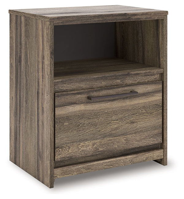 Casually cool style and lots of storage go hand in hand with this nightstand. A weathered brown finish over replicated oak grain creates an easygoing vibe, setting the scene in your restful retreat. The nightstand-'s clean lines and modern handles provide