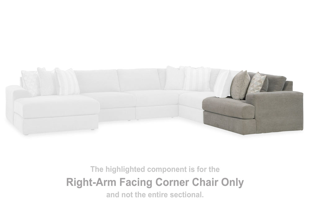 This right-arm facing corner chair is made with polyester chenille and polyester upholstery. Fully finished on all sides, it pairs with other items in the series to make a modular sectional.<br><br><b>Additional Dimensions</b><br><ul><li>Arm height: 25-"<
