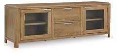 This TV stand-'s classic yet contemporary good looks are hard to deny. Softly shaped posts with a light oak finish and wire-brushed wood grain texture lend an organic appeal to your entertainment space. Roomy drawers are just the ticket for extra media st