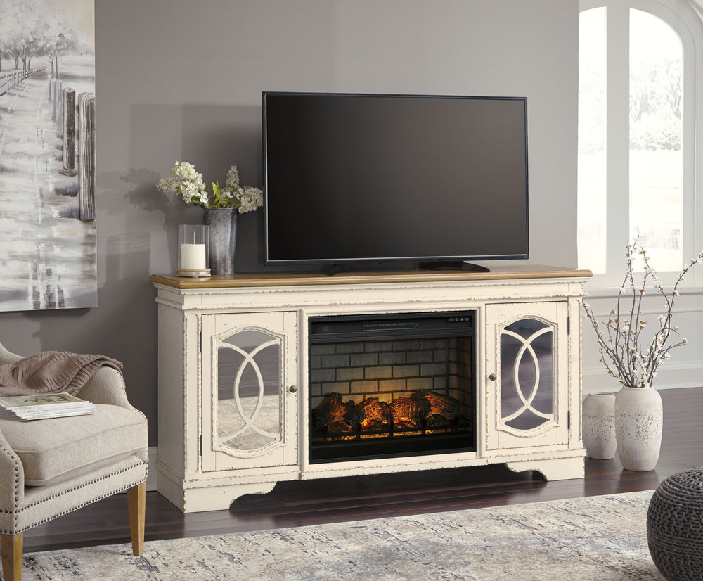 Elevating the art of traditional cottage styling, this TV stand with fireplace insert is beautifully in tune with your taste. Antiqued two-tone aesthetic blends a chipped white with a distressed wood tone top for added charm. Cabinet doorsâ€™ decorative f