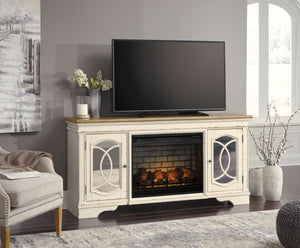  this TV stand with fireplace insert is beautifully in tune with your taste. Antiqued two-tone aesthetic blends a chipped white with a distressed wood tone top for added charm. Cabinet doorsâ€™ decorative f