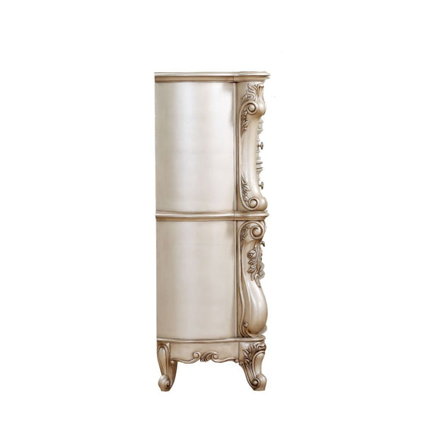  the chest is crafted with romantic elements combining Queen Anne legs and ornate floral accents in matching antique finish. Add glamorous French provincial charm