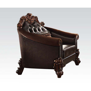Tracing back to the classical Baroque era, expressed with intent and conviction, our new interpretation of Vendome II is donned. The Vendome II chair-'s two-toned brown faux leather and cherry upholstery is grand and classy with crystal like button tuftin