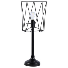 Infuse your space with industrial flair using this bold table lamp, featuring a wire cage shade that highlights a vintage-inspired Edison bulb. The slender torch-style base and tiered round platform create a sleek silhouette. Perfect for desks or accent t