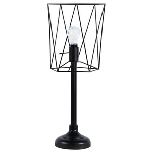 Infuse your space with industrial flair using this bold table lamp, featuring a wire cage shade that highlights a vintage-inspired Edison bulb. The slender torch-style base and tiered round platform create a sleek silhouette. Perfect for desks or accent t