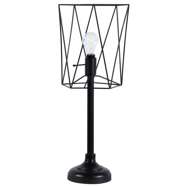 Infuse your space with industrial flair using this bold table lamp, featuring a wire cage shade that highlights a vintage-inspired Edison bulb. The slender torch-style base and tiered round platform create a sleek silhouette. Perfect for desks or accent t