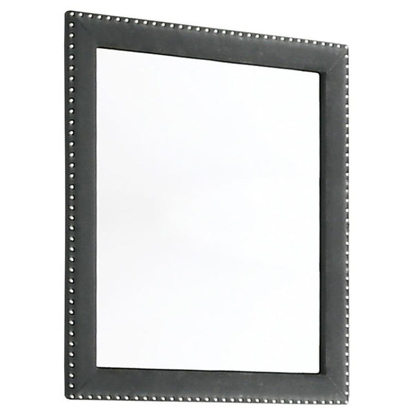 This gorgeous mirror is a masterpiece made for royalty, ready to perk up your sleeping space. Its admirable frame is upholstered entirely in gorgeous velvet fabric. Nail head trim surrounds the frame for a sleek and exquisite upgrade. Place this mirror on