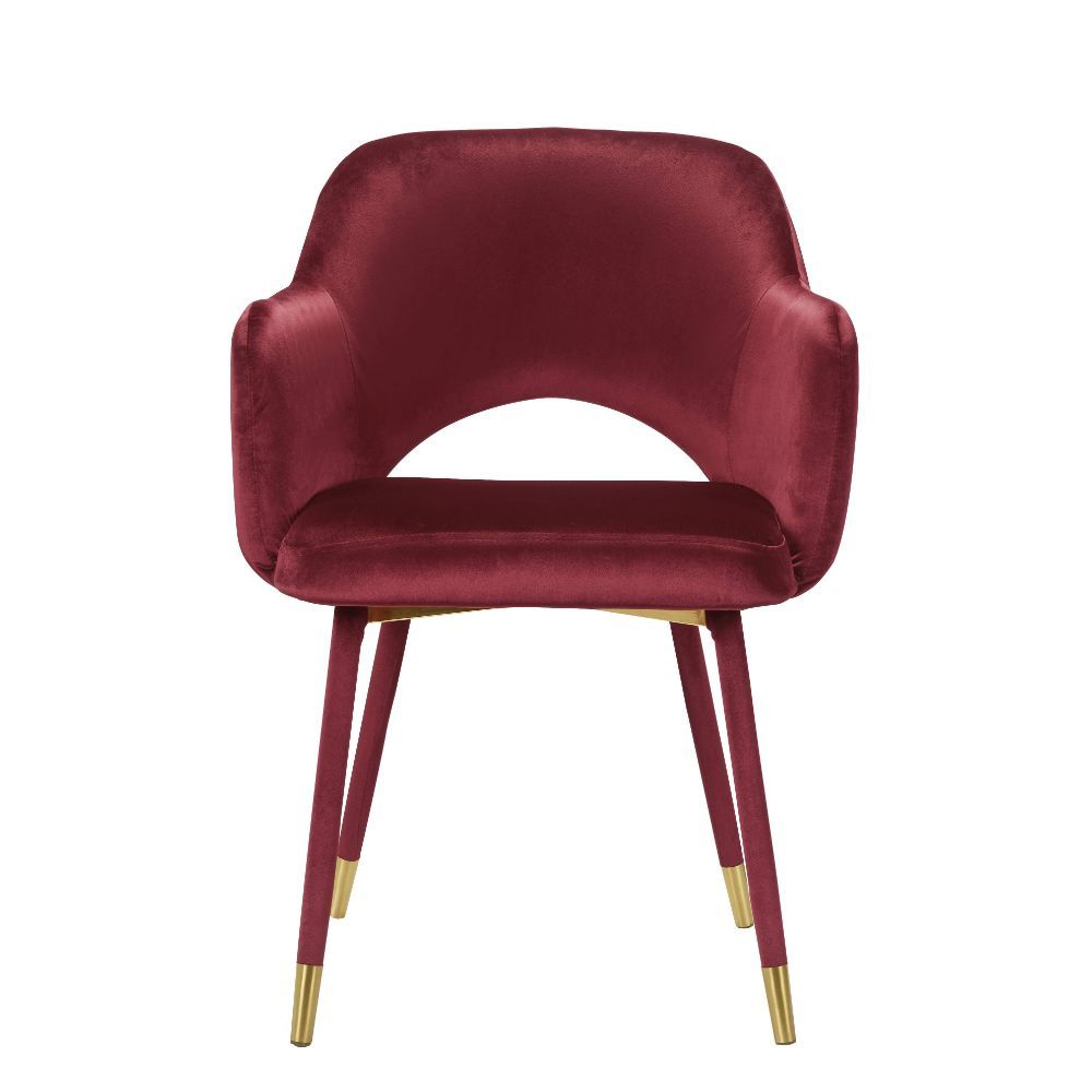 This Applewood accent chair is the perfect piece to add life to any room. It will give your space an instant makeover. Featuring a luxurious Bordeaux-Red velvet that screams indulgence. Its tight mid-back barrel backrest with an open frame is the ideal co