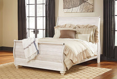 The ultimate look for a beach cottage or shabby chic inspired retreat, this queen sleigh bed carries you away to a dreamy time and place. Driftwoody whitewashed finish is wonderfully easy on the eyes. Faux plank detailing incorporates a classically rustic