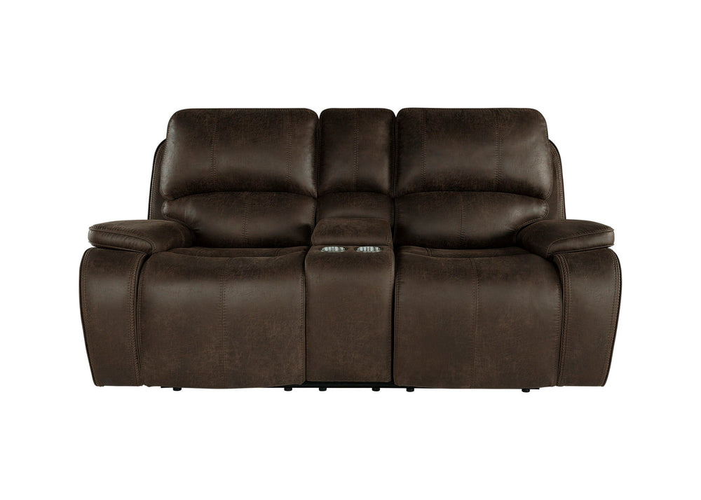 Indulge in comfort and style with the Brookings Dual Recliner Console Loveseat in rustic brown. Upholstered in a leather-look polyester/pu fabric, this loveseat offers the luxurious appearance of real leather without the premium price. Tailored to perfect