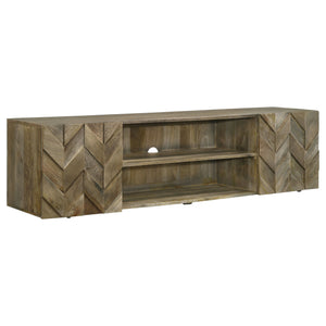 Nestle your TV atop this 70" media console, where the artistry of mango wood meets modern functionality. The rich, textured grains of the wood are arranged in a captivating veneer parquet, creating an intricate herringbone pattern that dances across the t