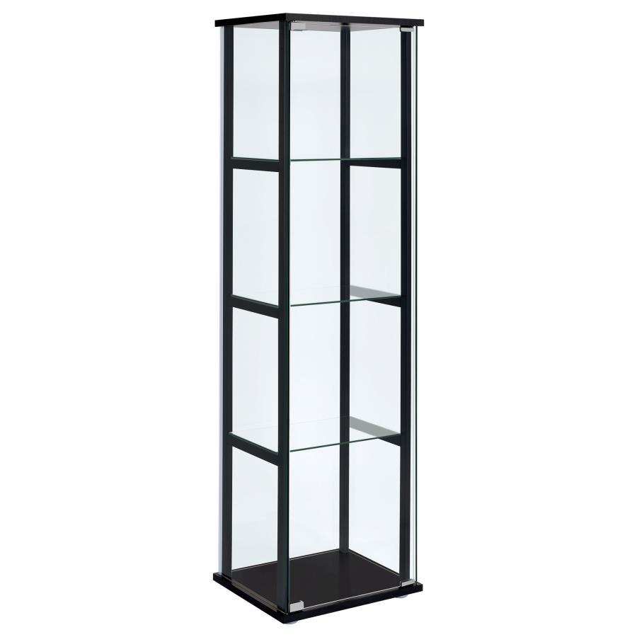 Ideal for a more compact space, this curio cabinet offers fresh and inspiring style. Simple linear design blends a slender black frame with tempered glass shelving. Push-to-open glass doors offer easy access to its interior space. This curio cabinet is an