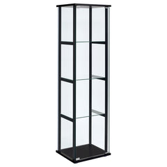 Ideal for a more compact space, this curio cabinet offers fresh and inspiring style. Simple linear design blends a slender black frame with tempered glass shelving. Push-to-open glass doors offer easy access to its interior space. This curio cabinet is an