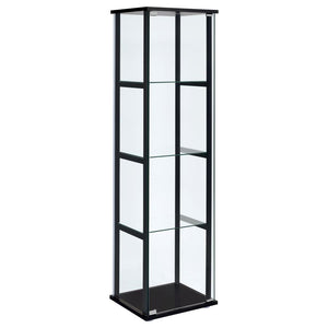 Ideal for a more compact space, this curio cabinet offers fresh and inspiring style. Simple linear design blends a slender black frame with tempered glass shelving. Push-to-open glass doors offer easy access to its interior space. This curio cabinet is an