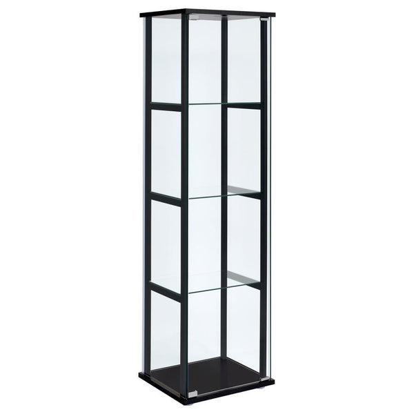 Ideal for a more compact space, this curio cabinet offers fresh and inspiring style. Simple linear design blends a slender black frame with tempered glass shelving. Push-to-open glass doors offer easy access to its interior space. This curio cabinet is an