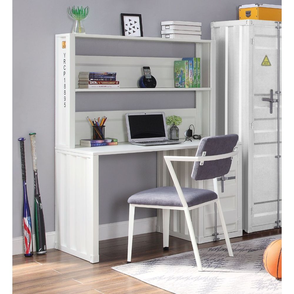 The Cargo computer desk and hutch have a industrial look and ample space that makes it perfect for your dorm, bedroom, or home office. This computer desk constructed of durable iron metal in a crisp white painted finish. It has a top compartment as well a