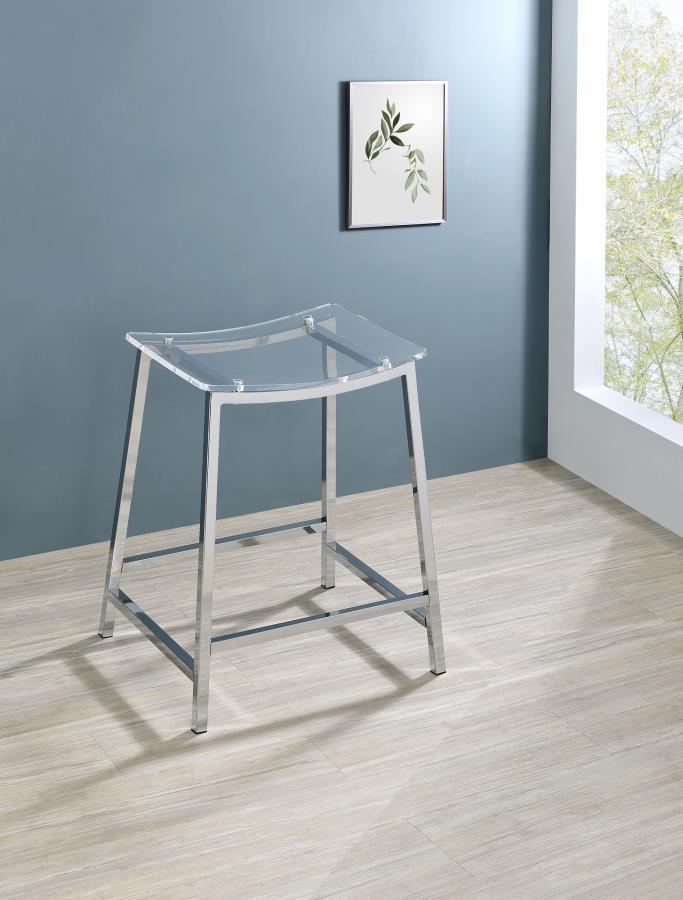Pull up a stool and enjoy a casual modern entertaining experience from the privacy of your home. This set of two counter-height stools reflects ultra-contemporary design standards using crisp modern materials. Gleaming chrome finish metal framing includes
