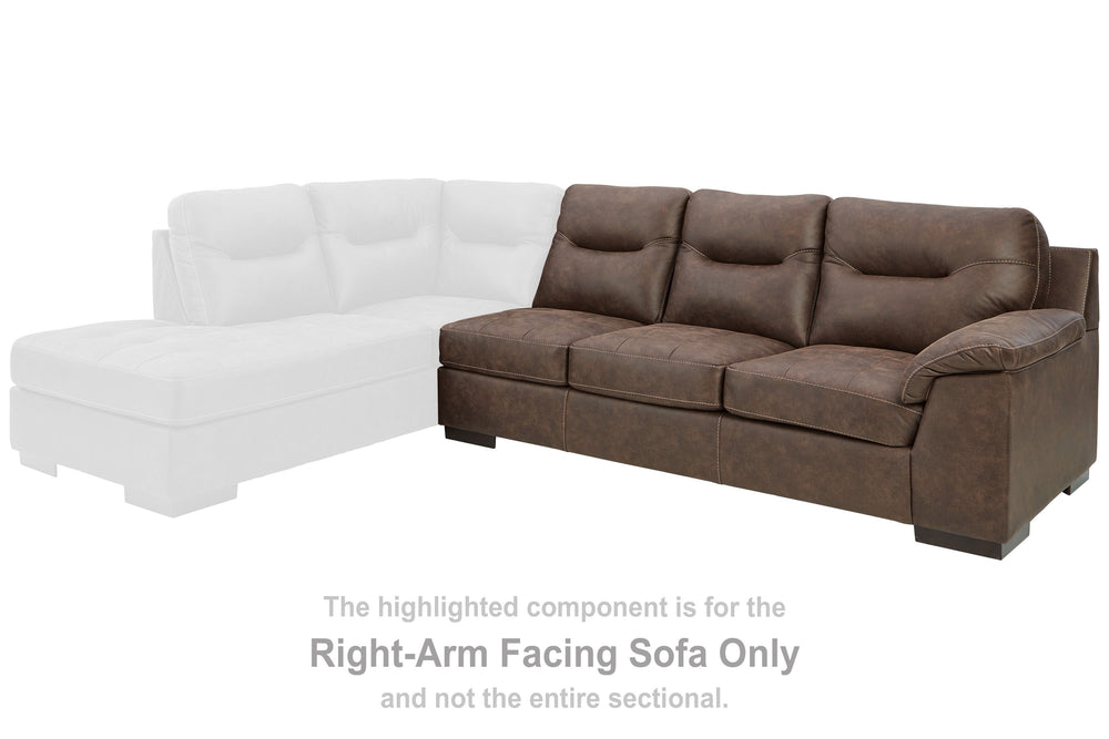 This right-arm facing sofa is made with faux leather upholstery. Pairs with other items in the series to make a sectional.<br><br><b>Additional Dimensions</b><br><ul><li>Arm height: 25-"</li><li>Seat depth: 22-"</li><li>Seat height: 19-"</li><li>Top of cu