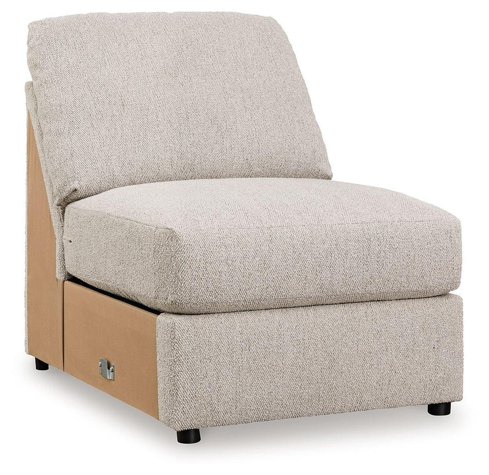 This armless chair is made with polyester upholstery. Pairs with other items in the series to make a sectional.<br><br><b>Additional Dimensions</b><br><ul><li>Seat depth: 27-"</li><li>Seat height: 25-"</li><li>Top of cushion to top of back: 18-"</li><li>L