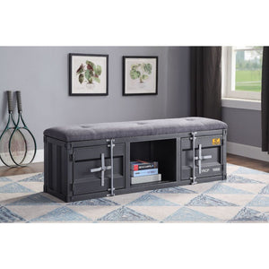 KD, Armless Bench (Backless) Storage: 2 Metal Doors (), 1 Open Compartment Stationary Seat Padded SEAT: Cushion (Solid Pattern) Features: Metal Frame, Recessed Panels (Cargo Container Panels), Full-Length Container Lock Backless (NO LEGS) Armless<br/><br/