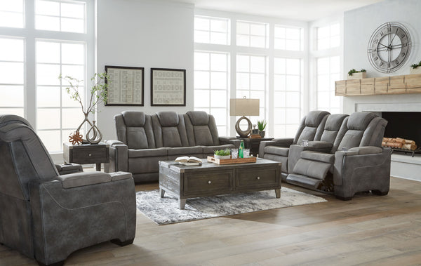 This sleek, ultra-modern power reclining collection has it all. With designer looks and head-to-toe comfort, it has the upscale look of leather at a scaled-down faux leather price. Its gray two-tone upholstery is more durable and water-repellent than regu