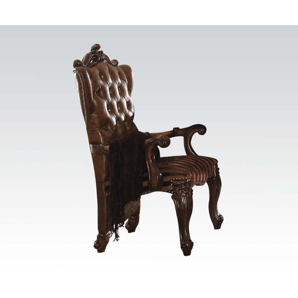KD, Arm Chair Padded SEAT & BACK Cushion, Nailhead Trim BACKREST (Wingback & Button Tufted Inside): Scrolled Crown, Vintage 2-Tone Brown PU SEAT: Striped Fabric & Scalloped Apron Wooden Cabriole Legs w/Scrolled Motifs (Poly Resin with Antique Contrast Fin