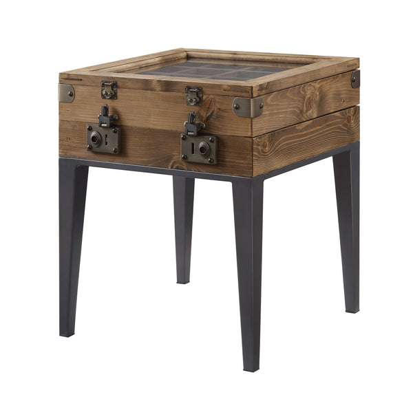 The Kolin side table doubles as a display case for your treasures. This square accent table features a wooden top with trunk style metal clasps, and is embedded with clear glass to reveal open storage compartments inside. Sleek metal tapered legs in a dar
