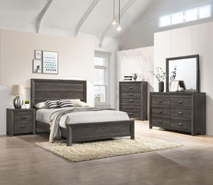 This bedroom set is the embodiment of understated sophistication, featuring a muted gray finish that complements its clean and contemporary design. The robust bed frame anchors the room with a sense of sturdiness and style. Accompanying the bed are coordi