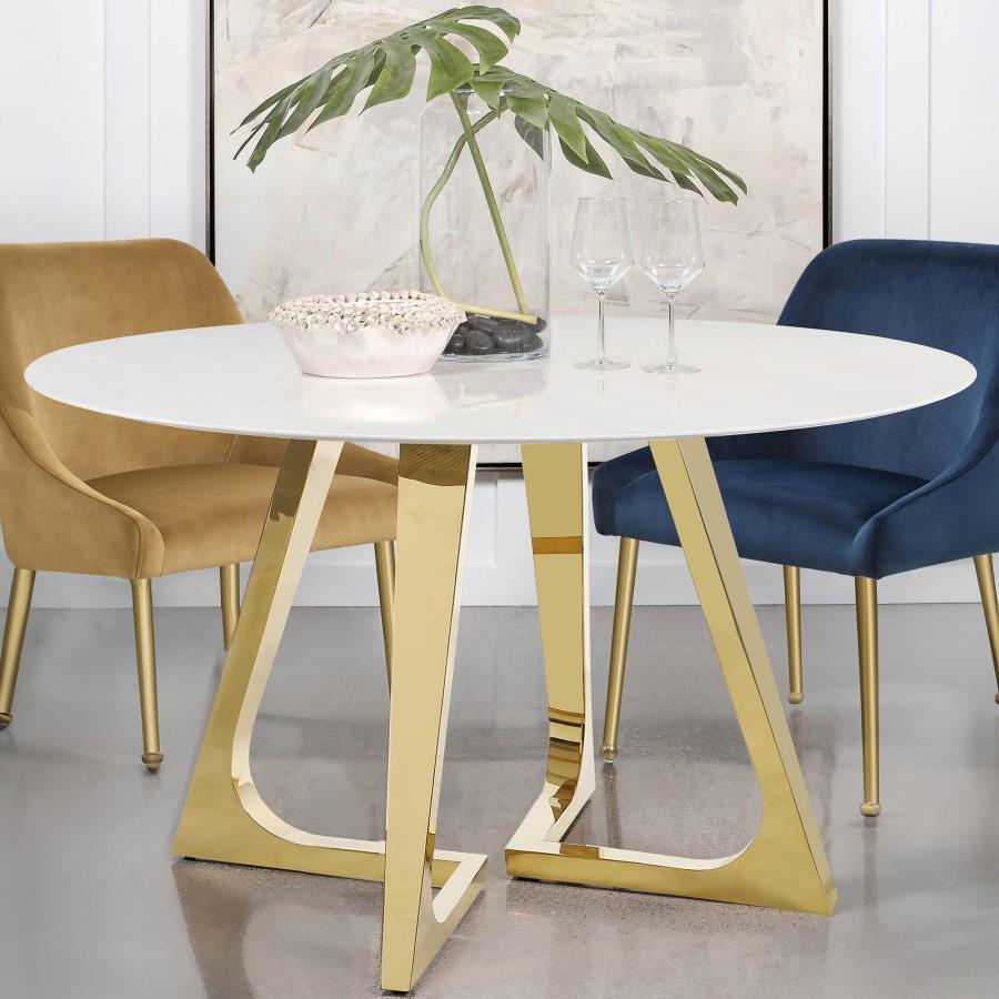 Updated style elements offer a clean look with a wow factor to your contemporary dining room or kitchen with this modern round dining table. A bit on the casual side of glam, this table and its round top fill a need for space-conscious configurations as w