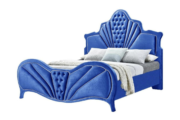 This fully padded blue velvet bedroom set is visually stunning, including beautiful channel tufting and contrasting welted trim arched head and footboards. Upholstered casegoods maintain the ambiance of this chic bedroom. Incorporating padded fronts, tape